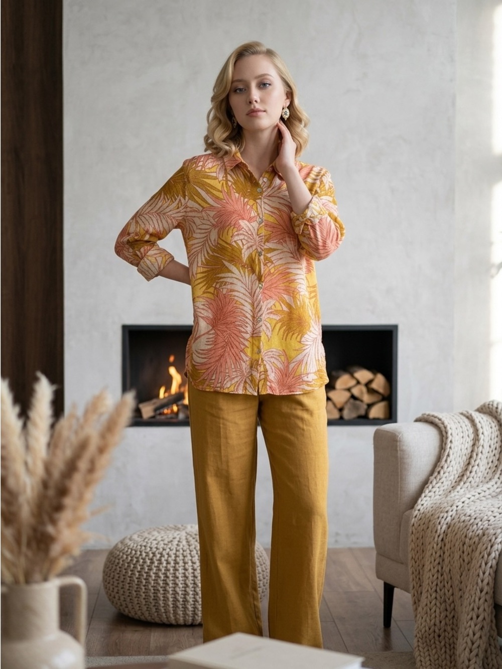 Tahari Women's XL Multicolor Linen Tunic Shirt Tropical Leaf Print Long Sleeves